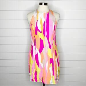 Britt Ryan Abstract Printed Silk Racerback Mini Dress Pink Yellow Small